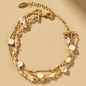 NWT Anthropologie Layered Crystal Bracelet White 14k Gold-plated Brass + Pouch